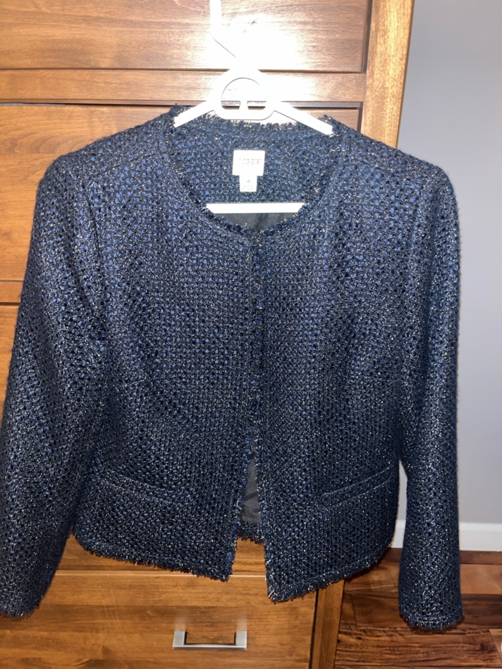 J. Crew Navy Bouclé Cropped Open-Front Jacket